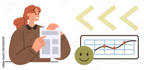 Woman holding report and pointing at details, smiling face, growth chart with rising trend. Ideal for business success, performance, growth, team collaboration, data analysis optimism goals. Simple