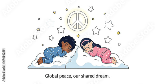 Diverse children in pajamas sleeping peacefully on a cloud under a glowing peace sign and stars, symbolizing global unity and shared dreams.