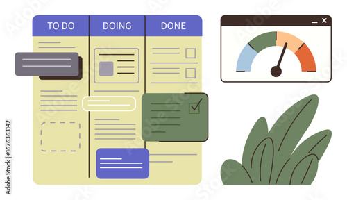 Kanban board with To Do, Doing, and Done columns, color-coded progress gauge, and greenery accent. Ideal for productivity, workflow, planning, goal tracking organization project management simple