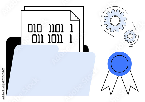 Document with binary digits stored in a file folder, accompanied by interlocking cogs and a certification badge. Ideal for data management, programming, IT systems, cybersecurity, file organization