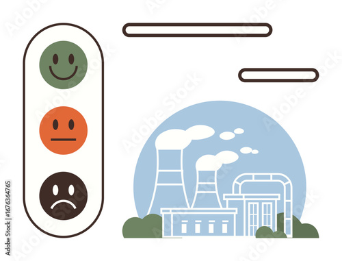 Factory emitting smoke with feedback emoticons displaying green, orange, and red for environmental impact evaluation. Ideal for sustainability, air pollution, industry, climate change, emissions