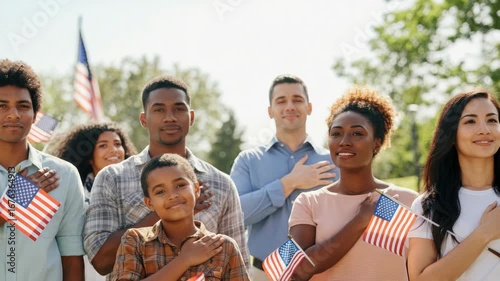 Diverse group of adults and children holding flags pledging outdoors