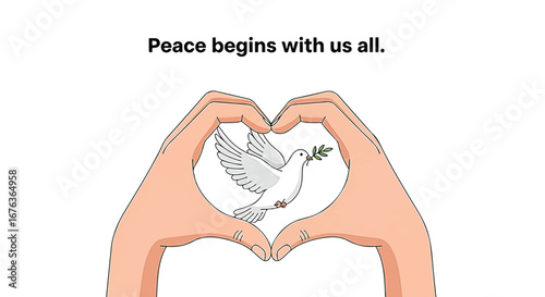 Two hands forming a heart around a dove carrying an olive branch.