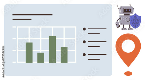Robot with shield guarding data chart with bar graphs and map pin. Ideal for cybersecurity, analysis, data protection, tech innovation, AI, secure location, education. Simplistic flat metaphor