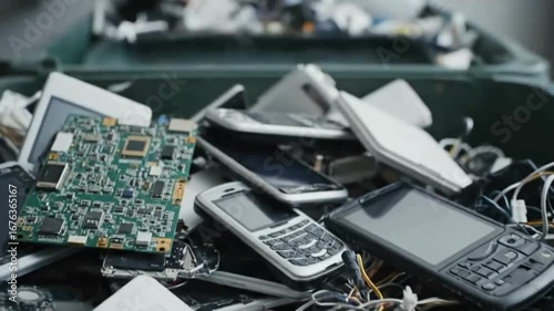 Close-up of a scratched white recycling logo on a worn bin, tilting upward to reveal a towering mountain of discarded electronic waste, captured in high-quality cinematic detail without video noise.