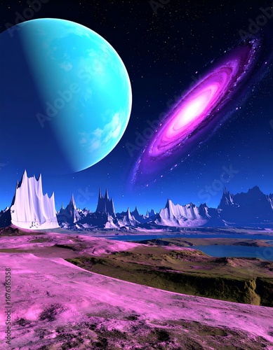 Alien landscape with vibrant galaxy