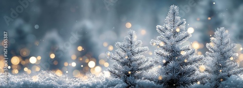 Snowy winter forest scene with frosted trees and glowing lights