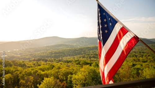 American flag over a mountain vista