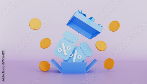 Opened or exploded box with vouchers, coupons coins, ribbons, gift, sale off, cash back