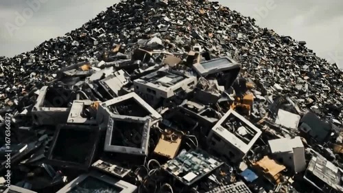 Close-up of a scratched white recycling logo on a worn bin, tilting upward to reveal a towering mountain of discarded electronic waste, captured in high-quality cinematic detail without video noise.