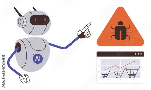 AI robot pointing at triangular warning sign with bug icon next to e-commerce analytics graph. Ideal for technology, e-commerce, cybersecurity, automation, AI, data analysis, innovation, simple flat