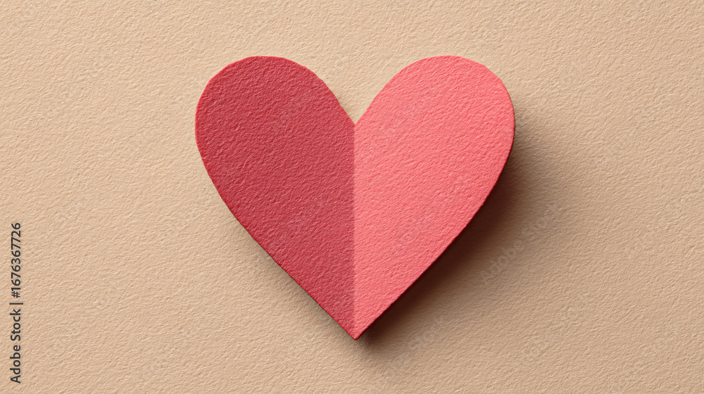 Fototapeta premium close-up of single flat pink paper heart with clean sharp edges on pale beige backdrop, simple symbolic detail, minimalist supportive awareness with negative space