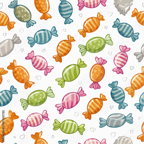 seamless doodle-style candy vector pattern with lollipops, sweets, and candy canes in bright sugary hues on light background, fully editable svg