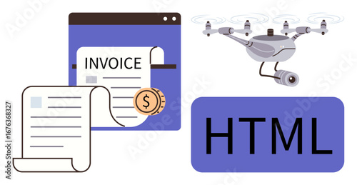Flying Quadcopter with camera, invoice documents, and HTML text in bold. Ideal for technology, automation, coding, e-commerce, innovation surveillance financial applications. Simple flat metaphor