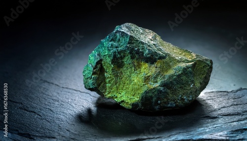 raw uranium ore with greenish tint resting on dark stone surface under moody side lighting highlighting radioactive mineral texture and geological rarity