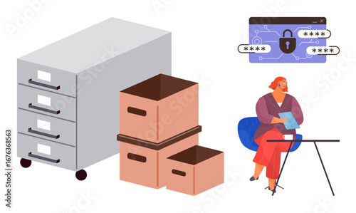 File cabinet, cardboard boxes, seated woman at desk working with papers, cybersecurity lock interface. Ideal for data security, office management, documentation, productivity, planning cloud