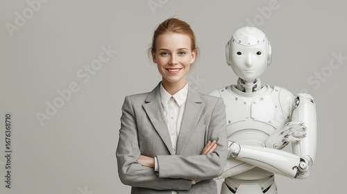 A humanoid robot AI agent and a human together as a team symbolizing agentic autonomy using future AGI superintelligence for teamwork and ASI collaboration during the singularity