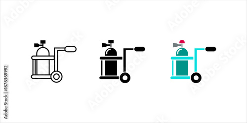 Oxygen tank or oxygen storage vessel in telescopic handle foldable trolley cart on wheels vector icon design. For medical breathing, therapy in hospital and welding, cutting work in construction site.