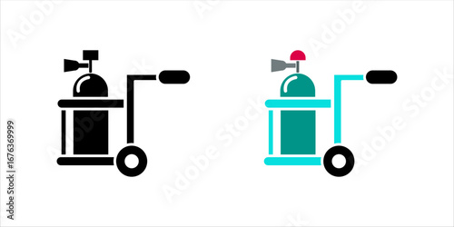 Oxygen tank or oxygen storage vessel in telescopic handle foldable trolley cart on wheels vector icon design. For medical breathing, therapy in hospital and welding, cutting work in construction site.