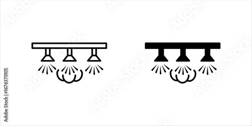 Water sprayer icon set. Also called spider and nozzle spray.Part of water mist system used to spray liquid or humidity fog watering. To apply herbicide, pesticide and fertilizer on agricultural crop.
