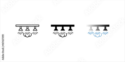 Water sprayer icon set. Also called spider and nozzle spray. Part of water mist system used to spray liquid or humidity fog watering. To apply herbicide, pesticide and fertilizer on agricultural 
