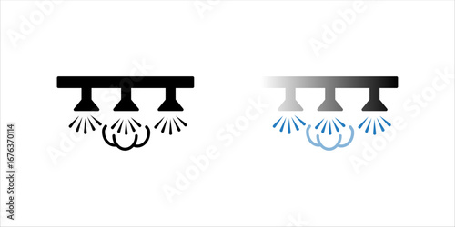 Water sprayer icon set. Also called spider and nozzle spray.Part of water mist system used to spray liquid or humidity fog watering. To apply herbicide, pesticide and fertilizer on agricultural crop.
