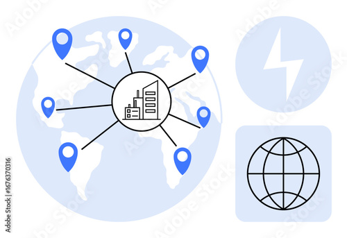 Industrial hub in globe center linked to blue map pins. Lightning bolt for energy, grid symbol for global connectivity. Ideal for logistics, tech, energy, manufacturing, business, globalization