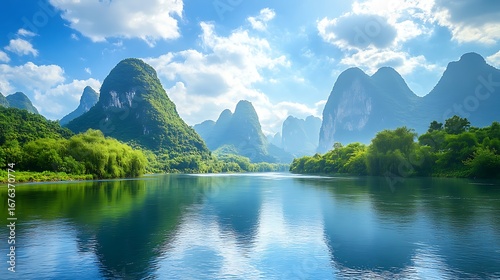 Majestic karst mountains and tranquil Li River under a cloudy sky