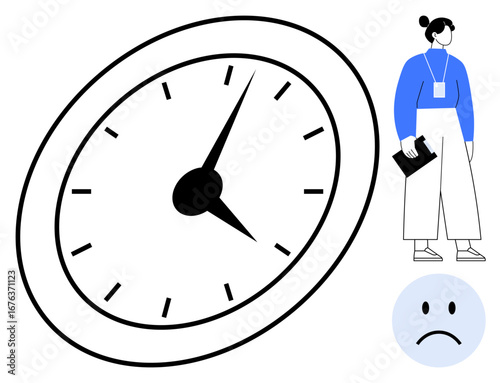 Businesswoman stands near tilted clock and sad face, representing stress, deadlines, and time pressure. Ideal for productivity, work-life balance, stress management, deadlines, emotions