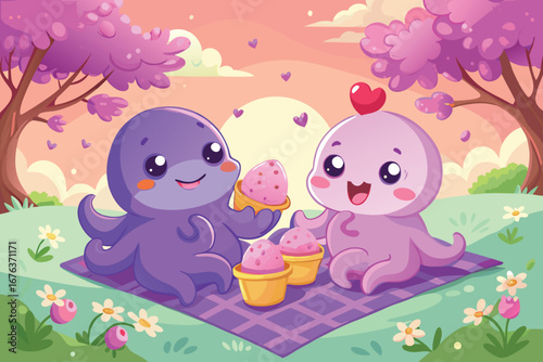 Adorable octopuses sharing sweet ice cream treats on a sunny day picnic, surrounded by nature's beauty