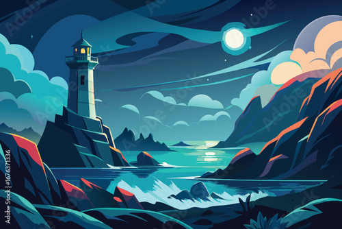 Dramatic coastal lighthouse guides ships through stormy seas under a vibrant moonlit sky