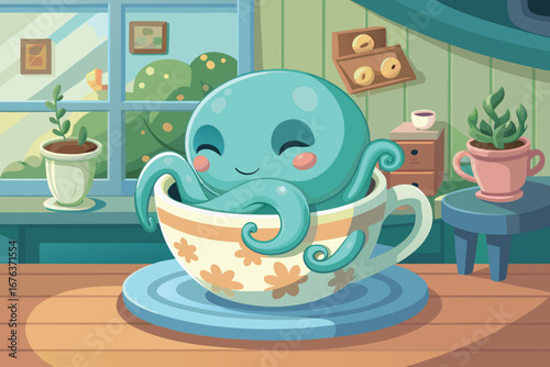 Adorable cartoon octopus happily nestled inside a floral teacup on a sunny windowsill
