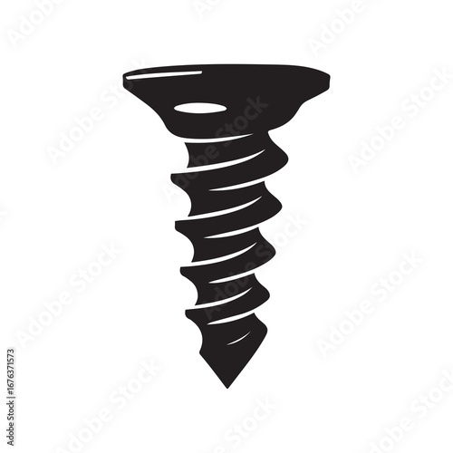 Black Screw with Threads and Flat Head on White Background