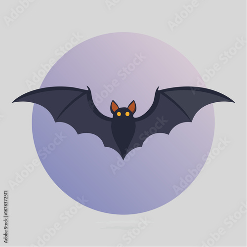 Minimalist vector illustration of a nocturnal bat flying with a wide wingspan. A simple geometric animal silhouette with glowing eyes against a purple circle background