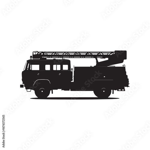 Black Silhouette of a Classic Fire Truck with Ladder on White Background