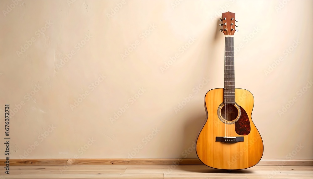 Naklejka premium Acoustic guitar on beige wall