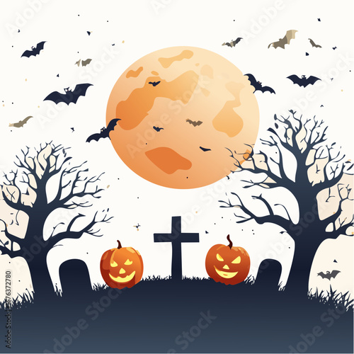 Halloween graveyard scene with glowing jack-o'-lanterns, tombstones, spooky trees, and bats flying under a large full moon during a foggy night
