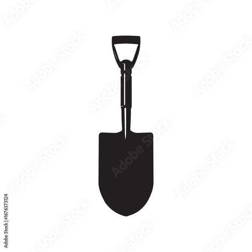 Black Silhouette of a Classic Shovel on a White Background, Gardening Tool