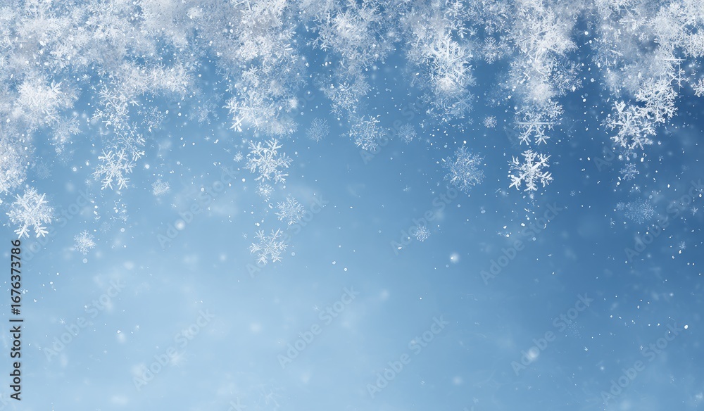 Fototapeta premium Light snow falling on a light blue background