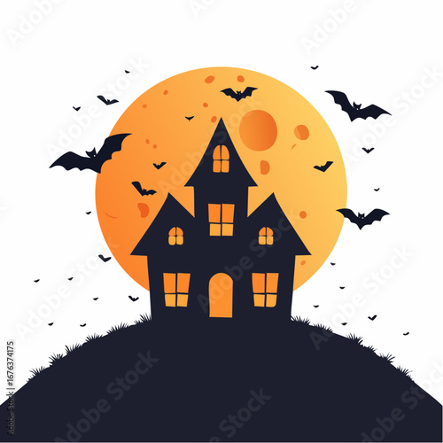 Spooky haunted house silhouette under a full moon with flying bats, perfect for Halloween celebrations and frightening party decorations