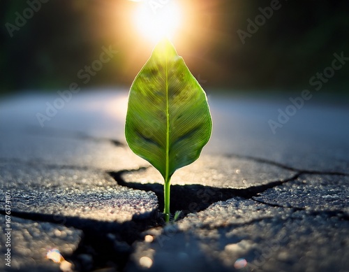 green plant growing through cracked asphalt with glowing light symbolizing hope strength nature life rebirth and resilience copy space