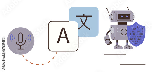 Microphone, translation icons, and robot holding shield representing AI-powered language translation, speech recognition, and secure communication. Ideal for technology, AI, linguistics, security