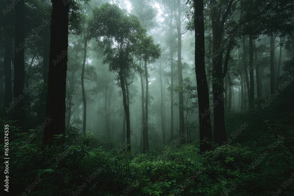 Fototapeta premium Misty, dense forest. Lush vegetation shrouded in fog