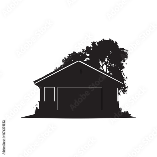 Black Silhouette of a Garage with a Tree Behind it on White