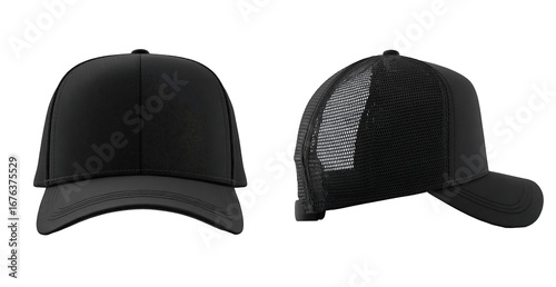 Two views of a black baseball cap
