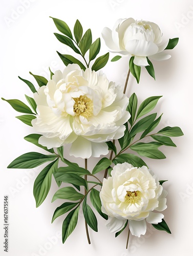 Three White Peony Flowers and Green Leaves on White Background