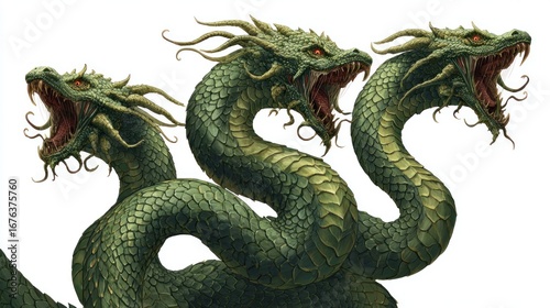 Three-headed green mythical serpent