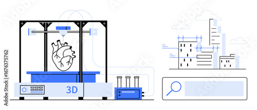 3D printer creating a human heart model, urban cityscape with cranes and buildings, and a magnifying glass search bar. Ideal for technology, innovation, healthcare, research, architecture, urban