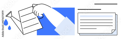 Hand pouring water from watering can onto documents, representing nurturing growth, creativity, and improvement. Ideal for innovation, productivity, teamwork, development, learning strategy