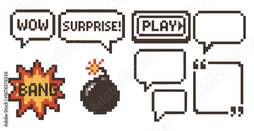 Pixel art style speech bubbles and explosion icons